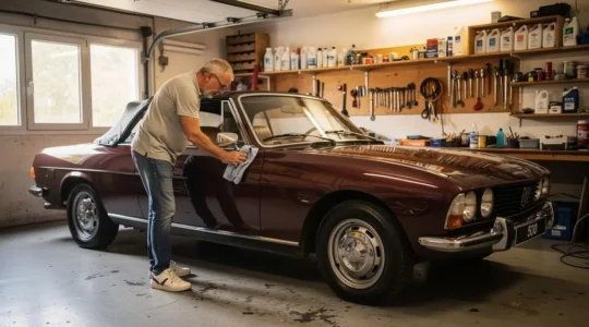 Propriétaire inspectant et entretenant méticuleusement sa Peugeot 504 Cabriolet de collection dans son garage privé