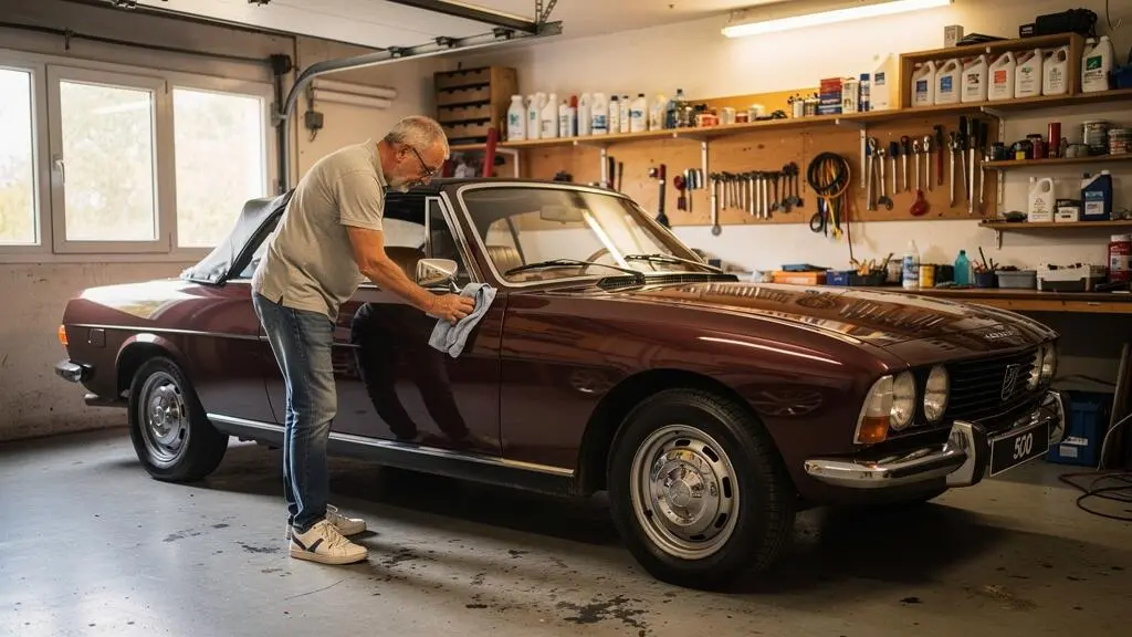Propriétaire inspectant et entretenant méticuleusement sa Peugeot 504 Cabriolet de collection dans son garage privé